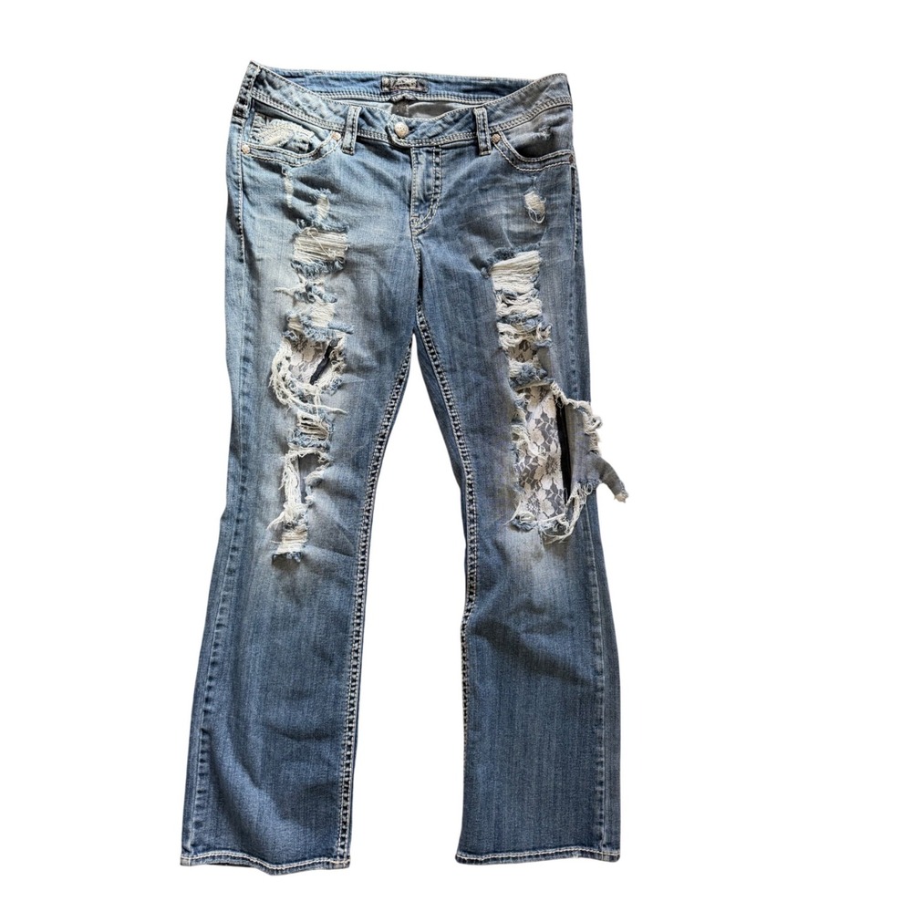 Silver Jeans Co Tuesday Jeans Womens 16 x33 Blue Bootcut Distressed Lace Inlay